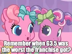 Size: 480x360 | Tagged: safe, edit, edited screencap, imported from derpibooru, screencap, cheerilee (g3), pinkie pie (g3), g3.75, image macro, meme, newborn cuties, op is a duck, op is trying to start shit, shitposting