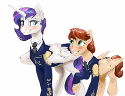 Size: 3300x2550 | Tagged: safe, artist:silfoe, imported from derpibooru, oc, oc only, oc:eventide glisten, alicorn, pegasus, pony, other royal book, alicorn oc, blushing, clothes, female, lesbian, magical lesbian spawn, military uniform, oc x oc, offspring, offspring shipping, parent:princess luna, parent:twilight sparkle, parents:twiluna, shipping, simple background, uniform, white background