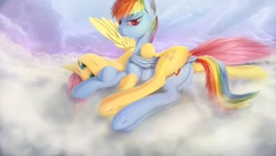 Size: 1920x1080 | Tagged: safe, artist:quvr, imported from derpibooru, fluttershy, rainbow dash, pegasus, pony, backwards cutie mark, butt, cloud, couple, dock, duo, female, flutterbutt, flutterdash, lesbian, looking at you, plot, plot pair, rainbutt dash, shipping, sky, smiling, smiling at you