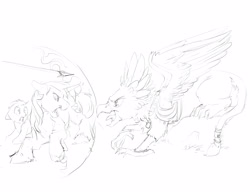 Size: 3300x2550 | Tagged: safe, artist:silfoe, imported from derpibooru, shining armor, griffon, pony, unicorn, nomad au, colt, fight, foal, force field, grayscale, male, monochrome, royal multiverse, shield, simple background, sketch, spear, stallion, trio, weapon, white background