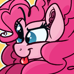 Size: 1500x1500 | Tagged: safe, alternate version, artist:binkyt11, imported from derpibooru, pinkie pie, earth pony, pony, :p, :t, bust, cross-eyed, cute, derp, ear fluff, faic, female, fluffy mane, impossibly large mane, looking back, mare, medibang paint, pixel art, ponk, silly, silly pony, simple background, smiling, solo, tongue out, yellow background