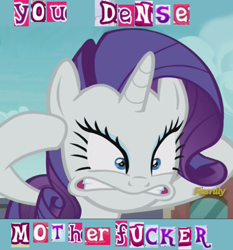 Size: 700x751 | Tagged: safe, edit, edited screencap, imported from derpibooru, screencap, rarity, pony, unicorn, the gift of the maud pie, caption, discovery family logo, expand dong, exploitable meme, faic, female, frustrated, gunshow, image macro, meme, reaction image, solo, the anime club, the incredibles, vulgar, you dense motherfucker