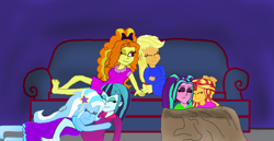 Size: 4032x2083 | Tagged: safe, artist:bigpurplemuppet99, imported from derpibooru, adagio dazzle, applejack, aria blaze, sonata dusk, sunset shimmer, trixie, equestria girls, couch, cuddling, dazzlejack, female, lesbian, shipping, sleeping, sleepover, sonxie, sunblaze, the dazzlings