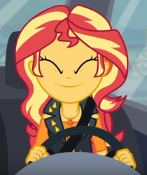 Size: 436x519 | Tagged: safe, imported from derpibooru, screencap, sunset shimmer, driving miss shimmer, equestria girls, equestria girls series, cute, driving miss shimmer: fluttershy, eyes closed, female, geode of empathy, happy, magical geodes, shimmerbetes, smiling, solo