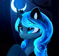 Size: 2924x2772 | Tagged: safe, artist:magnaluna, imported from derpibooru, princess luna, alicorn, pony, beautiful, bust, cheek fluff, chest fluff, cross-eyed, curved horn, cute, ethereal mane, eye clipping through hair, female, fluffy, frown, leg fluff, looking up, lunabetes, mare, moon, night, solo, starry eyes, starry mane, stars, wavy mouth, wingding eyes