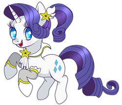 Size: 2392x2054 | Tagged: safe, artist:hanaty, imported from derpibooru, rarity, pony, unicorn, alternate hairstyle, collar, colored pupils, crossover, female, floating, high res, league of legends, looking at you, open mouth, ponytail, raised hoof, simple background, smiling, solo, star guardian, stars, transparent background