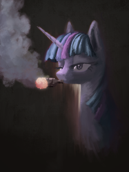 Size: 2048x2732 | Tagged: artist needed, source needed, safe, imported from derpibooru, twilight sparkle, pony, bust, female, lidded eyes, mare, portrait, simple background, smoking beer, solo, wat