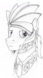 Size: 1024x1844 | Tagged: safe, artist:drcool13, imported from derpibooru, oc, oc only, pony, bust, councilor, helmet, male, monochrome, pencil drawing, portrait, shadow fight 2, simple background, solo, stallion, traditional art, white background