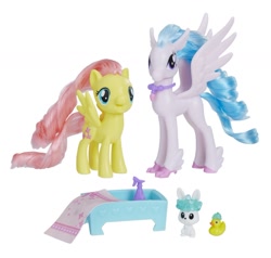 Size: 1242x1181 | Tagged: safe, imported from derpibooru, angel bunny, fluttershy, silverstream, classical hippogriff, duck, hippogriff, rabbit, school daze, animal, bathtub, jewelry, necklace, spray bottle, towel, toy