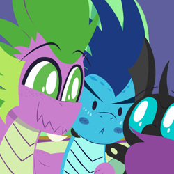 Size: 1000x1000 | Tagged: safe, alternate version, artist:dragonpone, derpibooru exclusive, imported from derpibooru, princess ember, spike, thorax, changeling, dragon, >:<, bisexual, blush sticker, blushing, close-up, dragoness, embarrassed, emberspike, embrax, female, freckles, group hug, hug, interspecies, male, older, older spike, polyamory, shipping, shoulder freckles, smiling, spembrax, straight, teenage spike, teenager, thoraxspike, trio, winged spike, winghug, wings