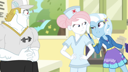 Size: 1920x1080 | Tagged: safe, imported from derpibooru, screencap, bulk biceps, nurse redheart, trixie, equestria girls, equestria girls series, forgotten friendship, discovery family logo, female, male, nurse outfit, trio