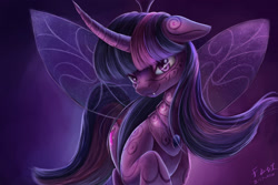 Size: 2400x1600 | Tagged: safe, artist:foughtdragon01, imported from derpibooru, twilight sparkle, changeling, body markings, changelingified, curved horn, female, horn, insect wings, looking at you, markings, signature, solo, species swap, twiling, wings