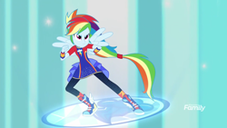 Size: 1920x1080 | Tagged: safe, deleted from derpibooru, imported from derpibooru, screencap, rainbow dash, equestria girls, equestria girls series, forgotten friendship, clothes, leggings, ponied up, ponytail, shoes, sneakers, solo, super sentai stance, wings