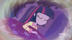 Size: 1280x720 | Tagged: safe, deleted from derpibooru, imported from derpibooru, screencap, sci-twi, twilight sparkle, equestria girls, equestria girls series, forgotten friendship, animation error, discovery family logo, sleeping, solo