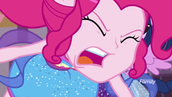 Size: 1920x1080 | Tagged: safe, imported from derpibooru, screencap, pinkie pie, sci-twi, twilight sparkle, alicorn, equestria girls, equestria girls series, forgotten friendship, discovery family logo, ponied up, scitwilicorn, twilight sparkle (alicorn), yelling