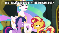 Size: 600x337 | Tagged: safe, edit, edited screencap, imported from derpibooru, screencap, princess celestia, sunset shimmer, twilight sparkle, alicorn, pony, unicorn, equestria girls, equestria girls series, forgotten friendship, female, image macro, lesbian, meme, reunion, saddle bag, shipping, sunsetsparkle, the prodigal sunset, trio, twilight sparkle (alicorn)