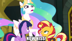 Size: 1920x1080 | Tagged: safe, edit, edited screencap, imported from derpibooru, screencap, princess celestia, sunset shimmer, twilight sparkle, alicorn, pony, unicorn, equestria girls, equestria girls series, forgotten friendship, female, image macro, lesbian, meme, now kiss, raised hoof, reunion, saddle bag, shipping, sunsetsparkle, the prodigal sunset, trio, trollestia, twilight sparkle (alicorn)