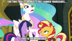 Size: 1920x1080 | Tagged: safe, imported from derpibooru, princess celestia, sunset shimmer, twilight sparkle, alicorn, pony, unicorn, equestria girls, equestria girls series, forgotten friendship, daimando is going to hell, image macro, imminent spanking, meme, reunion, saddle bag, the man they call ghost, the prodigal sunset, trio, true capitalist radio, twilight sparkle (alicorn), woodshed