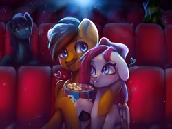 Size: 2560x1914 | Tagged: safe, artist:baid-woo, imported from derpibooru, oc, oc only, oc:freya, oc:lucky, bow, cinema, cute, food, frecky, hair bow, popcorn