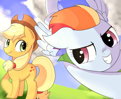 Size: 1024x837 | Tagged: safe, artist:erufi, imported from derpibooru, applejack, rainbow dash, duo, flying, smiling, spread wings, windswept mane, wings