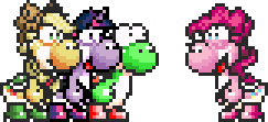 Size: 243x111 | Tagged: safe, artist:icepony64, imported from derpibooru, applejack, pinkie pie, twilight sparkle, dinosaur, yoshi, crossover, dinosaurified, my little yoshi, pixel art, species swap, sprite, yoshified, yoshilight