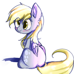 Size: 1000x1000 | Tagged: safe, artist:heddopen, imported from derpibooru, derpy hooves, pegasus, pony, blushing, bubble butt, chest fluff, ear fluff, female, looking back, mare, rear view, sitting, smiling, solo