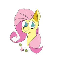 Size: 1027x1000 | Tagged: safe, artist:erunes, imported from derpibooru, fluttershy, butterfly, pegasus, pony, bust, female, looking at you, no pupils, portrait, simple background, smiling, solo