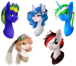 Size: 3225x2805 | Tagged: safe, artist:knaranayama, imported from derpibooru, oc, oc only, oc:broken dreams, oc:igames, oc:kihha osayustu, oc:mayary, oc:night fury, pony, unicorn, bust, clothes, female, high res, male, mare, portrait, simple background, stallion, white background