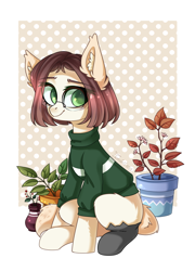 Size: 1024x1419 | Tagged: safe, artist:ten-dril, imported from derpibooru, oc, oc only, pony, cat socks, clothes, female, flower pot, glasses, mare, plant, sitting, solo, sweater