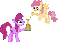 Size: 4149x3000 | Tagged: safe, artist:cloudy glow, artist:cloudyglow, imported from derpibooru, berry punch, berryshine, dizzy twister, orange swirl, earth pony, pegasus, pony, a hearth's warming tail, background pony, cider, duo, female, flying, mare, mug, simple background, tankard, transparent background, vector