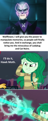 Size: 1585x3962 | Tagged: safe, edit, edited screencap, imported from derpibooru, screencap, wallflower blush, human, equestria girls, forgotten friendship, akumatized, comic, female, hawk moth, male, miraculous ladybug, screencap comic, text