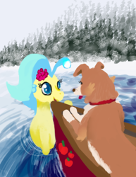 Size: 500x647 | Tagged: safe, artist:sehad, imported from derpibooru, princess skystar, winona, dog, seapony (g4), my little pony: the movie, boat, forest, lake, snow, speedpaint