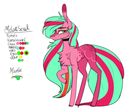 Size: 1264x1086 | Tagged: safe, artist:sweetmelon556, imported from derpibooru, oc, oc only, oc:melon seed, earth pony, pony, eyestrain warning, female, mare, needs more saturation, raised hoof, reference sheet, simple background, solo, technicolor tongue, transparent background