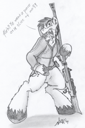 Size: 1752x2616 | Tagged: safe, artist:scotchmacmanus, imported from derpibooru, oc, oc only, oc:scotch macmanus, gun, solo, traditional art, weapon