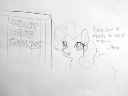 Size: 1280x960 | Tagged: safe, artist:tjpones, artist:tjpones edits, edit, imported from derpibooru, pinkie pie, earth pony, pony, crate, cropped, female, lineart, mare, monochrome, simple background, solo, traditional art, white background