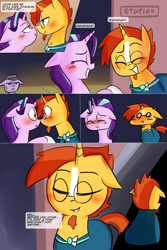 Size: 1200x1800 | Tagged: safe, artist:zouyugi, imported from derpibooru, starlight glimmer, sunburst, pony, unicorn, comic:confession, comic, dialogue, engrish, laughing