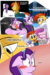 Size: 1200x1800 | Tagged: safe, artist:zouyugi, imported from derpibooru, princess cadance, princess flurry heart, starlight glimmer, sunburst, pony, unicorn, comic:confession, angry, blushing, comic, dialogue, engrish, smiling