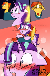 Size: 1200x1800 | Tagged: safe, artist:zouyugi, imported from derpibooru, starlight glimmer, sunburst, pony, unicorn, comic:confession, blushing, comic, dialogue, female, hug, male, shipping, starburst, straight