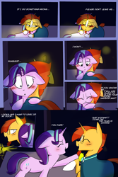 Size: 1200x1800 | Tagged: safe, artist:zouyugi, imported from derpibooru, starlight glimmer, sunburst, pony, unicorn, comic:confession, blushing, comic, dialogue, hug, laughing