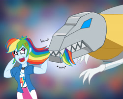 Size: 4940x4000 | Tagged: safe, artist:edcom02, imported from derpibooru, rainbow dash, equestria girls, annoyed, biting, clash of hasbro's titans, clothes, crossover, dinobot, grimlock, nom, ouch, skirt, transformers, upset