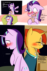 Size: 1200x1800 | Tagged: safe, artist:zouyugi, imported from derpibooru, starlight glimmer, sunburst, pony, unicorn, comic:confession, angry, blushing, comic, dialogue, letter, smiling