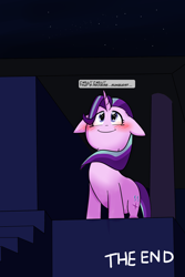 Size: 1200x1800 | Tagged: safe, artist:zouyugi, imported from derpibooru, starlight glimmer, pony, unicorn, comic:confession, blushing, comic, dialogue, female, grammar error, looking up, night, smiling, solo