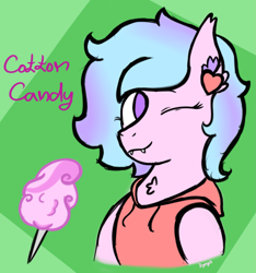 Size: 2893x3092 | Tagged: safe, artist:dyonys, imported from derpibooru, oc, oc only, oc:cotton candy, bat pony, bat pony oc, bust, clothes, cutie mark, ear fluff, ear piercing, earring, fluffy, jewelry, one eye closed, piercing, simple background, smiling, solo, wink