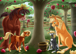 Size: 1080x765 | Tagged: safe, artist:bijutsuyoukai, imported from derpibooru, applejack, trouble shoes, oc, oc:blackjack (bijutsuyoukai), oc:stout pout, earth pony, pony, apple, apple orchard, apple tree, blaze (coat marking), coat markings, facial markings, female, fence, filly, food, male, next generation, offspring, parent:applejack, parent:trouble shoes, parent:troubleshoes clyde, parents:troublejack, shipping, sitting, straight, tree, troublejack