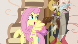 Size: 1280x720 | Tagged: safe, imported from derpibooru, screencap, discord, fluttershy, draconequus, pegasus, pony, discordant harmony, clothes, duo, fading, flying, glasses, sweater, transparent