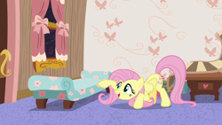 Size: 1280x720 | Tagged: safe, imported from derpibooru, screencap, fluttershy, pegasus, pony, discordant harmony, chair, crouching, cute, female, mare, shyabetes, solo