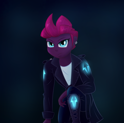 Size: 1410x1395 | Tagged: safe, artist:xethshade, imported from derpibooru, tempest shadow, equestria girls, my little pony: the movie, alternate hairstyle, black background, boots, clothes, ear piercing, earring, equestria girls-ified, female, jacket, jewelry, leather jacket, piercing, shoes, simple background, solo