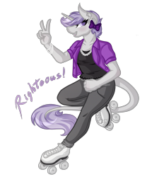 Size: 4201x4529 | Tagged: safe, artist:amazing-artsong, imported from derpibooru, oc, oc only, anthro, plantigrade anthro, unicorn, absurd resolution, anthro oc, clothes, female, leonine tail, mare, pants, peace sign, roller skates, shirt, simple background, smiling, solo, transparent background