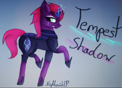 Size: 1024x741 | Tagged: safe, artist:nightpaintlp, imported from derpibooru, tempest shadow, pony, unicorn, my little pony: the movie, alternate hairstyle, armor, broken horn, eye scar, female, mare, scar, solo, sparks