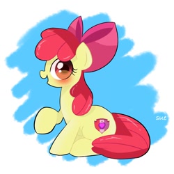 Size: 768x768 | Tagged: safe, artist:sue, imported from derpibooru, apple bloom, earth pony, pony, adorabloom, blushing, bow, cute, female, filly, looking at you, solo